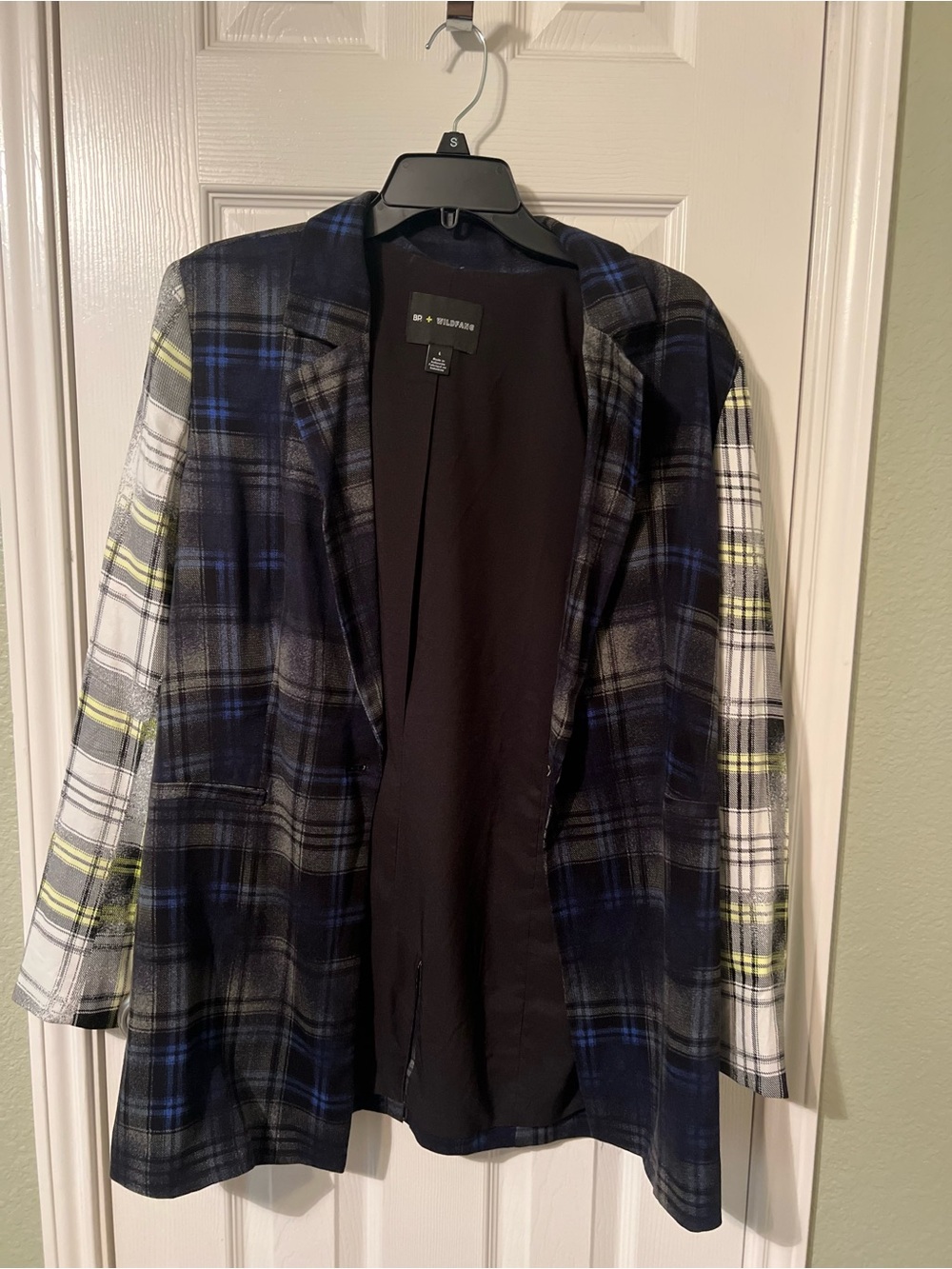 Plaid Open-Front Blazer Jacket in Black and Blue